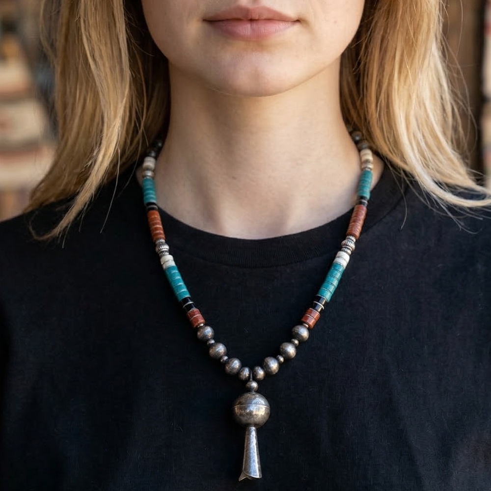 Turquoise Sterling Silver Navajo Pearls Squash Blossom Bell Pendant Necklace